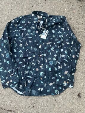 NWT Yiume Men Sea Creatures Print Button-Up Shirt Size Large Blue